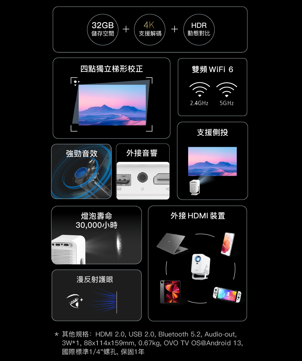 其他規格HDMI 2.0, USB 2.0, Bluetooth 5.2, Audioout,