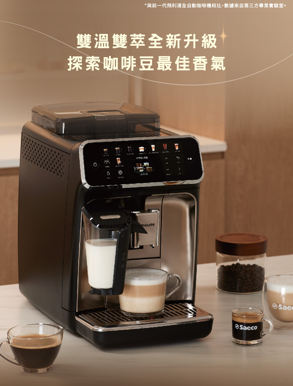 與前一代飛利浦全自動咖啡機相比,數據來自第三方專業實驗室。 雙溫雙萃全新升級 探索咖啡豆最佳香氣 