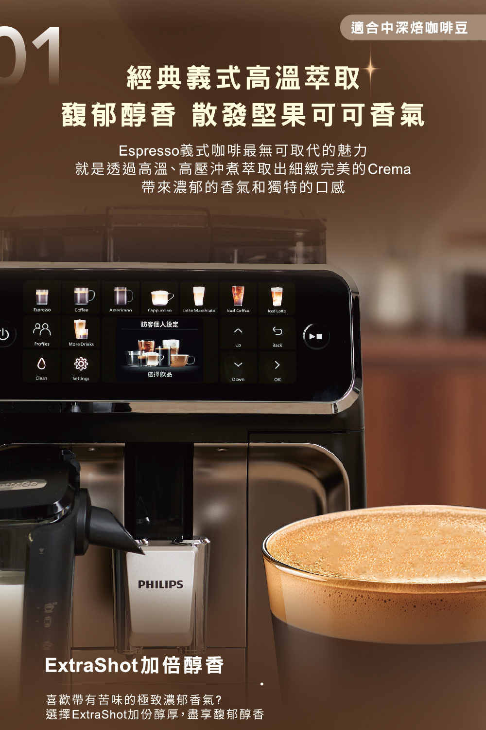 就是透過高溫、高壓沖煮萃取出細緻完美的Crema