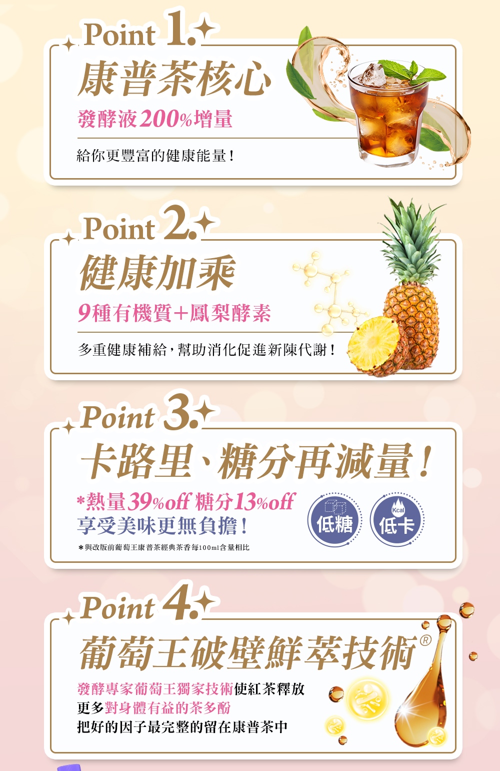 與改版前葡萄王康普茶經典茶香每100ml含量相比