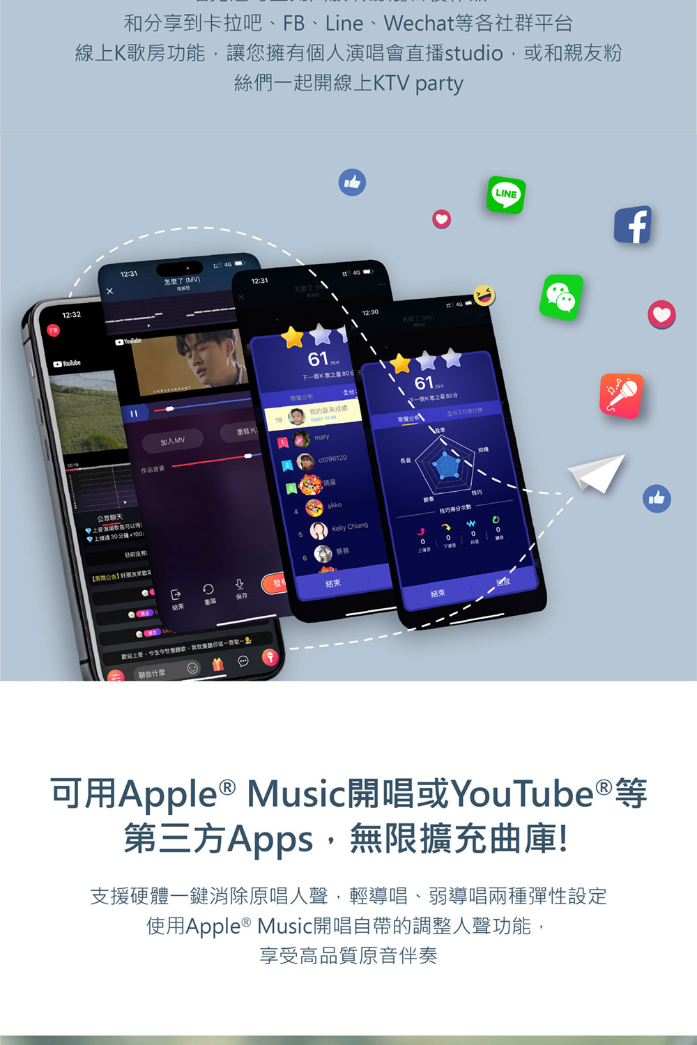 線上K歌房功能,讓您擁有個人演唱會直播studio,或和親友粉