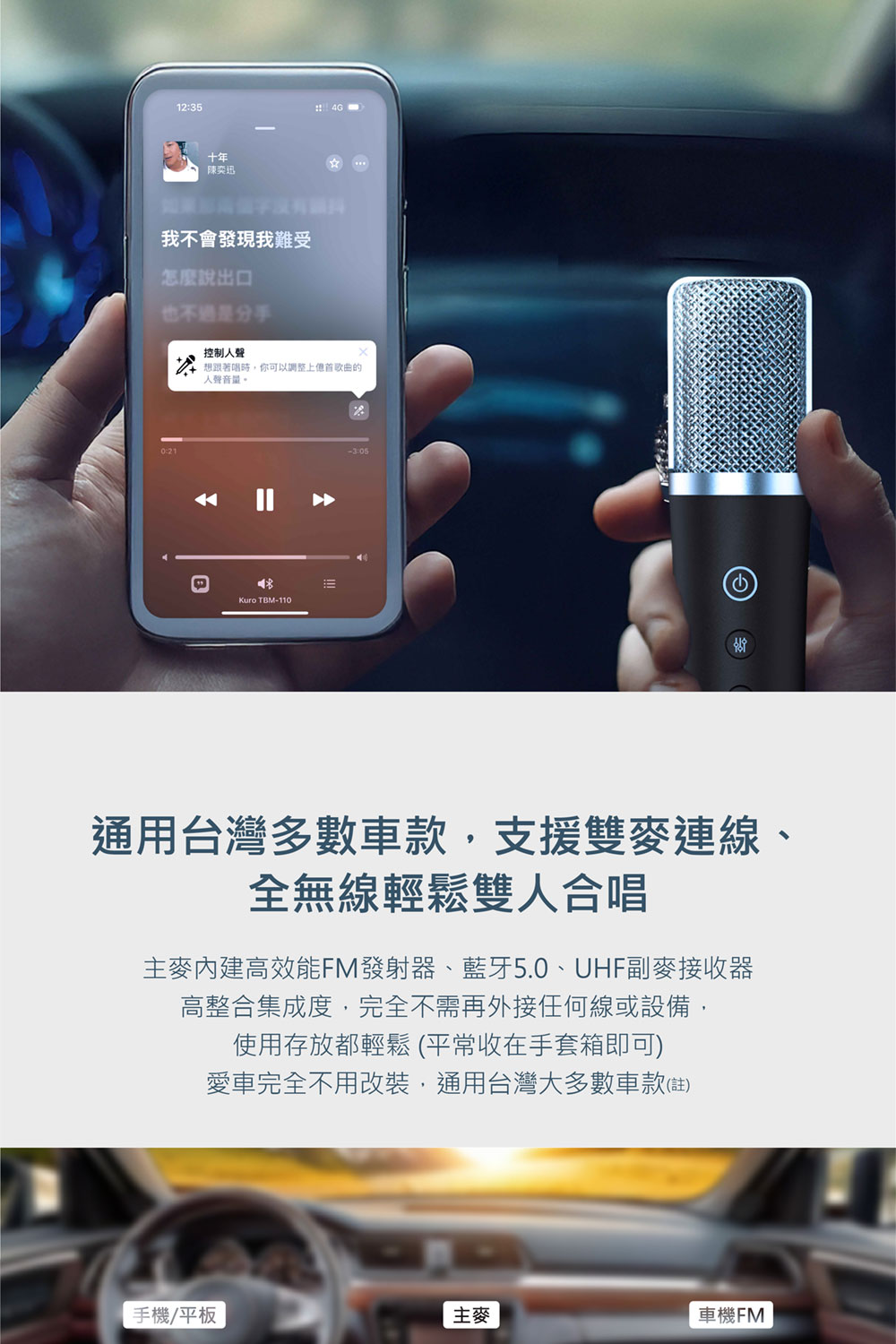 主麥內建高效能FM發射器、藍牙5.0、UHF副麥接收器