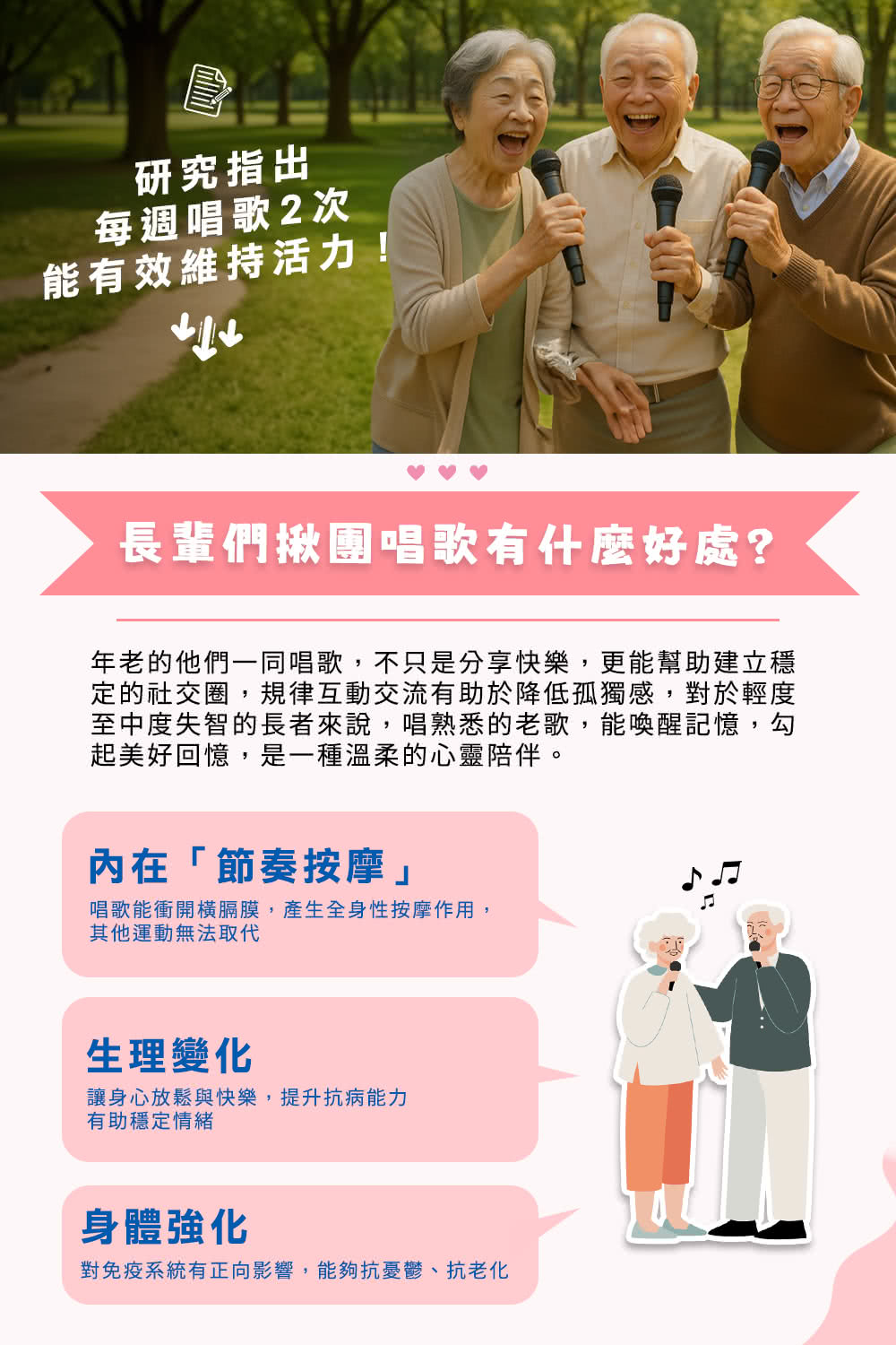 年老的他們一同唱歌,不只是分享快樂,更能幫助建立穩
