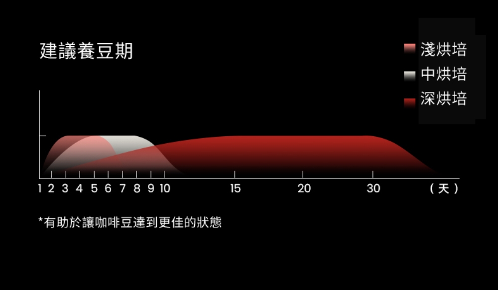 建議養豆期 有助於讓咖啡豆達到更佳的狀態 淺烘培 中烘培 深烘培 