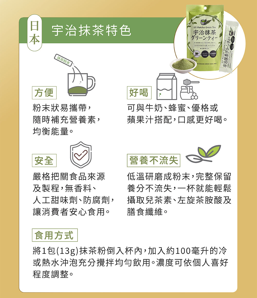 將1包13g抹茶粉倒入杯內,加入約100毫升的冷