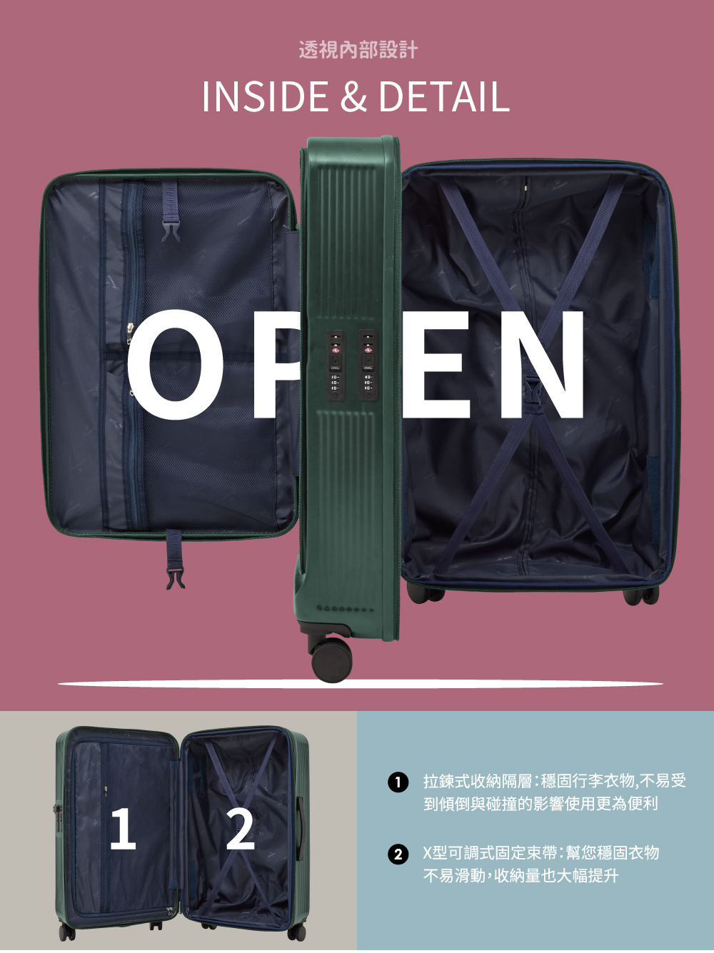 透視內部設計 1 拉鍊式收納隔層穩固行李衣物,不易受 到傾倒與碰撞的影響使用更為便利 2 X型可調式固定束帶幫您穩固衣物 不易滑動,收納量也大幅提升 