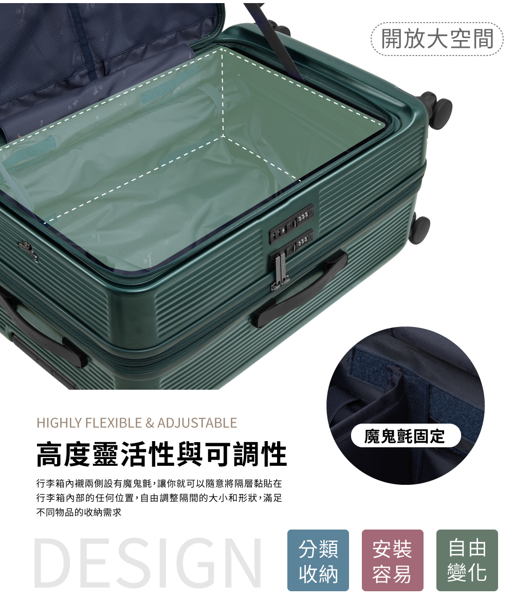 行李箱內襯兩側設有魔鬼氈,讓你就可以隨意將隔層黏貼在