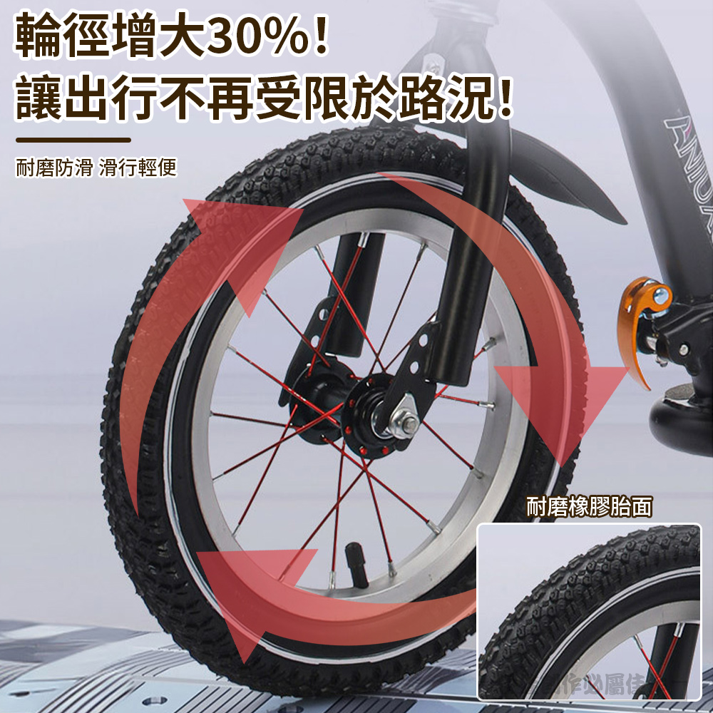 輪徑增大30% 讓出行不再受限於路況 耐磨防滑 滑行輕便 耐磨橡膠胎面 作必屬佳 