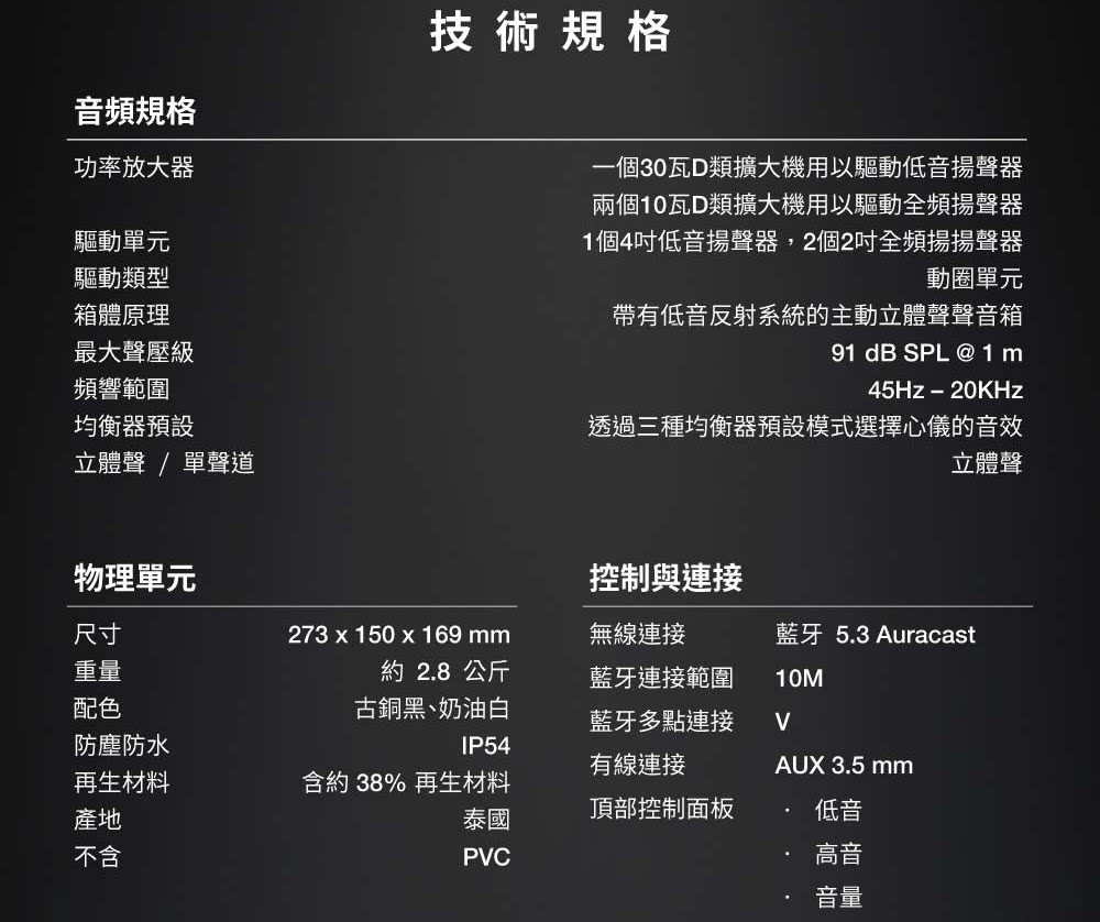 1個4吋低音揚聲器,2個2吋全頻揚揚聲器