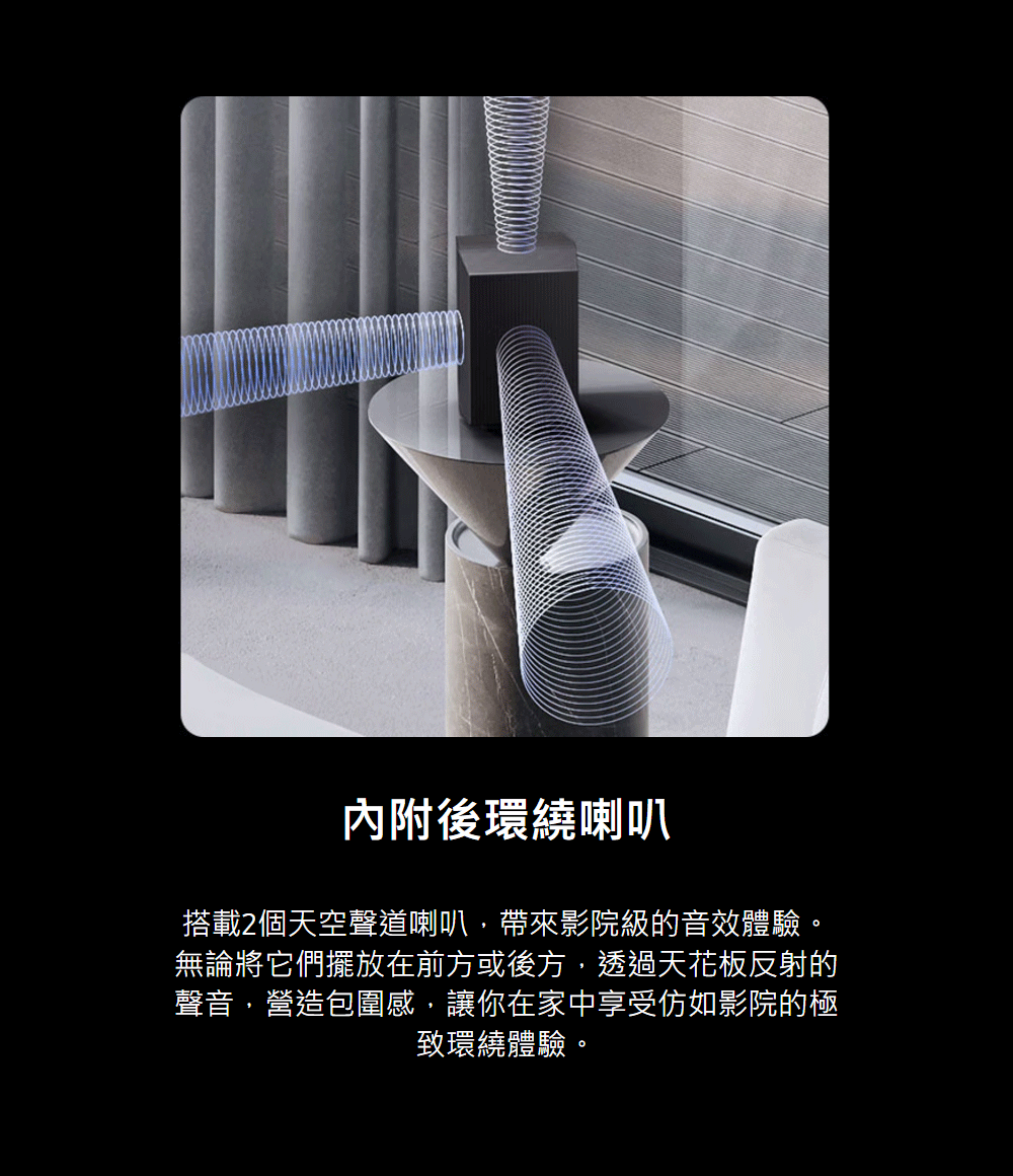 內附後環繞喇叭 搭載2個天空聲道喇叭,帶來影院級的音效體驗。 無論將它們擺放在前方或後方,透過天花板反射的 聲音,營造包圍感,讓你在家中享受仿如影院的極 致環繞體驗。 