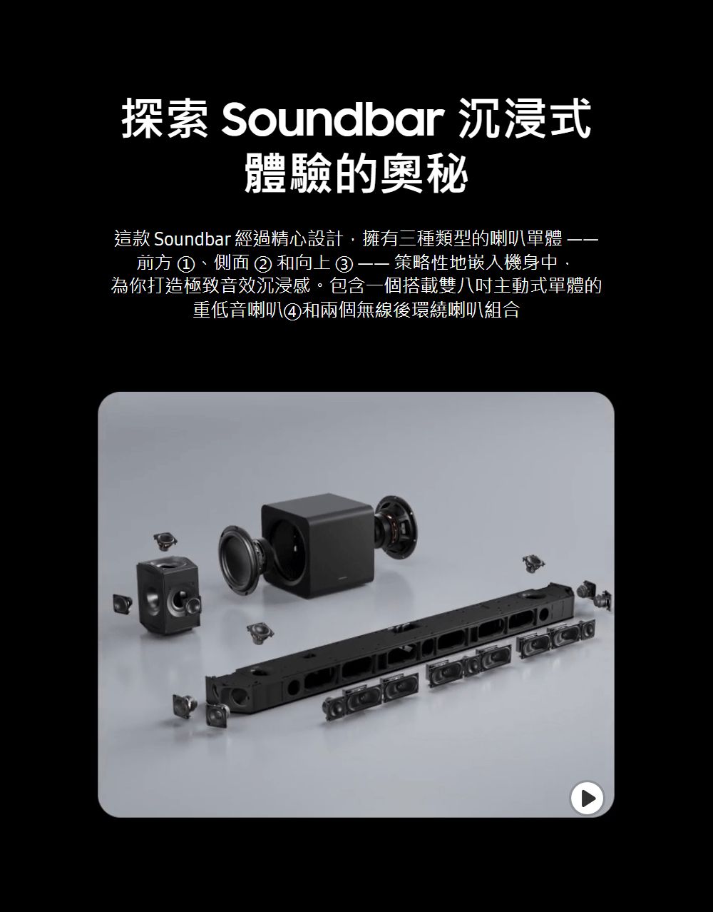 這款 Soundbar經過精心設計,擁有三種類型的喇叭單體