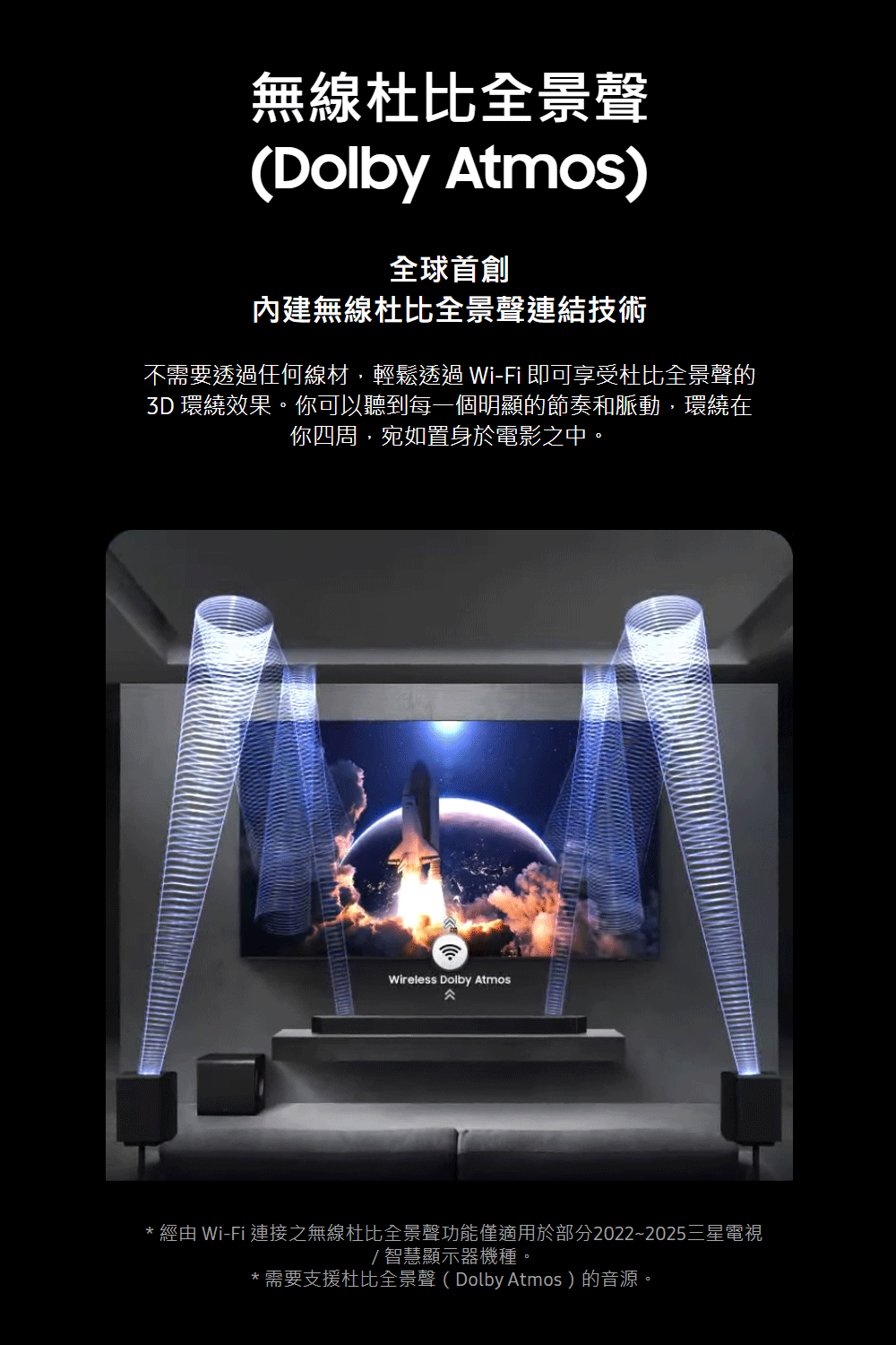 經由 WiFi 連接之無線杜比全景聲功能僅適用於部分20222025三星電視