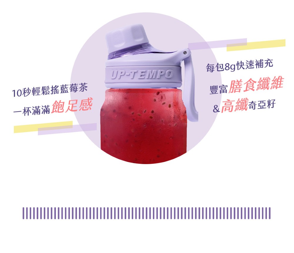 10秒輕鬆搖藍莓茶 一杯滿滿飽足感 每包8g快速補充 豐富膳食纖維 高纖奇亞籽 