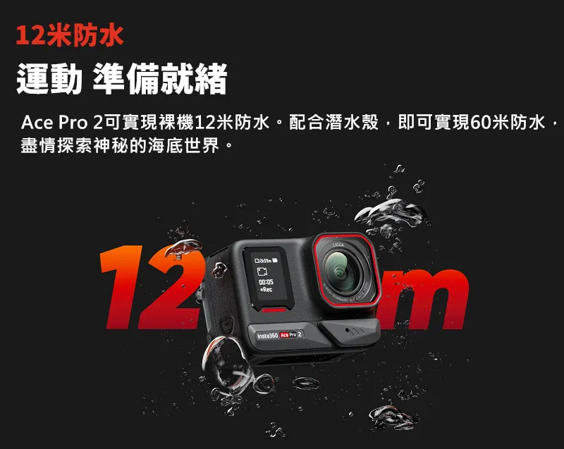 12米防水 運動 準備就緒 Ace Pro 2可實現裸機12米防水。配合潛水殼,即可實現60米防水, 盡情探索神秘的海底世界。 