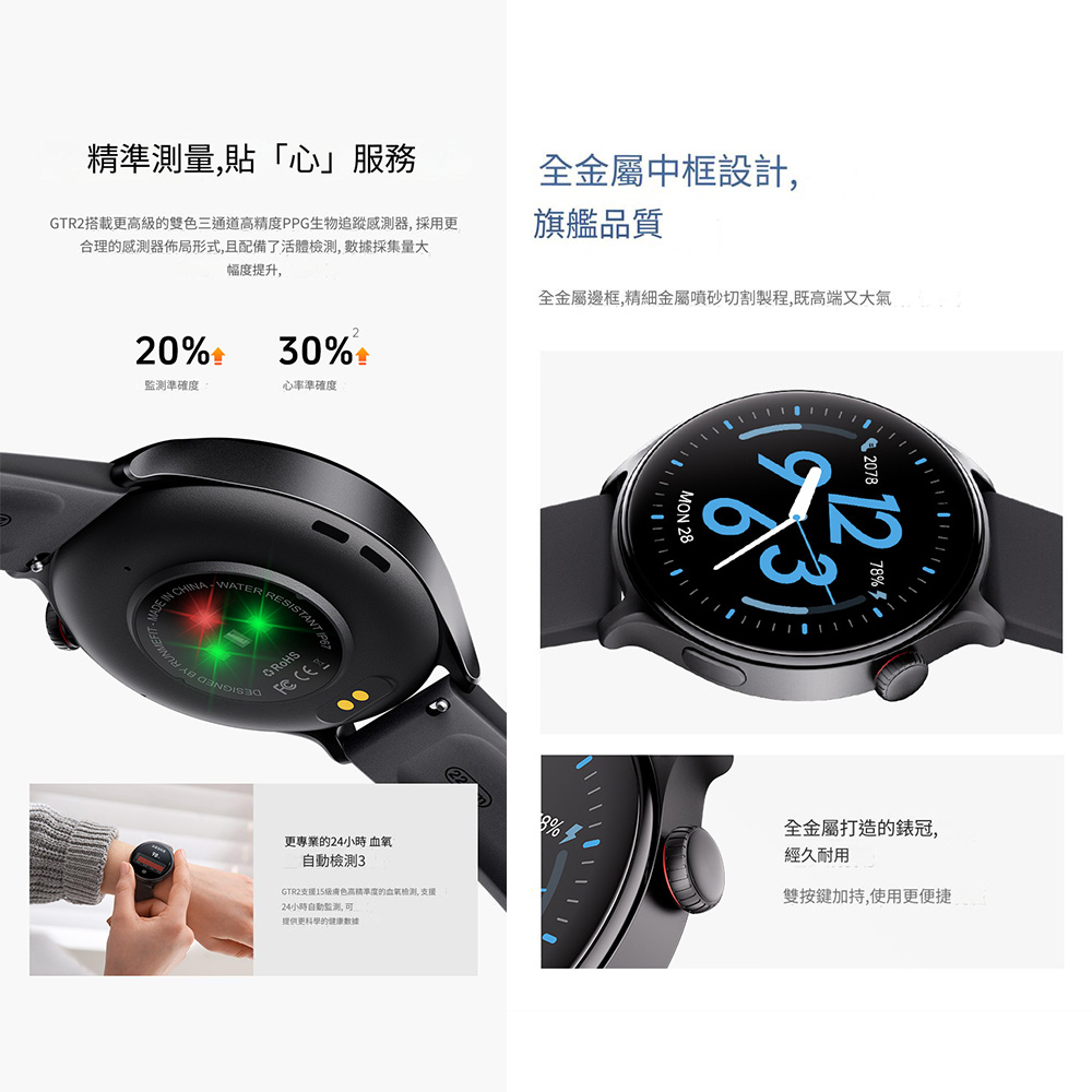 GTR2搭載更高級的雙色三通道高精度PPG生物追蹤感測器,採用更