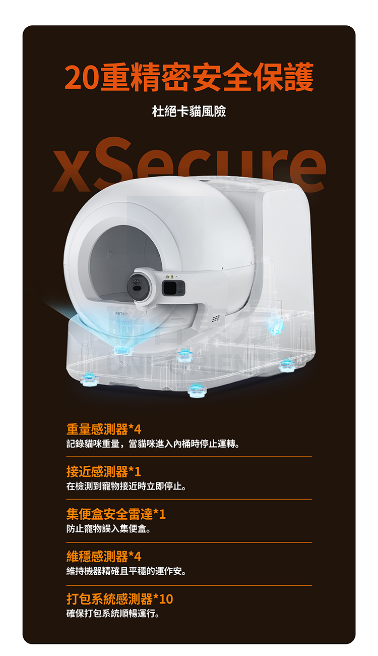 20重精密安全保護杜絕卡貓風險重量感測器*4記錄貓咪重量,當貓咪進入內桶時停止運轉。接近感測器*1在檢測到寵物接近時立即停止。集便盒安全雷達*1防止寵物誤入集便盒。維穩感測器*4維持機器精確且平穩的運作安。打包系統感測器*10確保打包系統順暢運行。