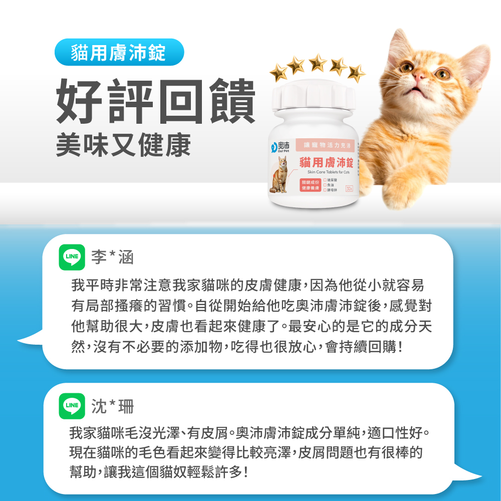 我家貓咪毛沒光澤、有皮屑。奧沛膚沛錠成分單純,適口性好。