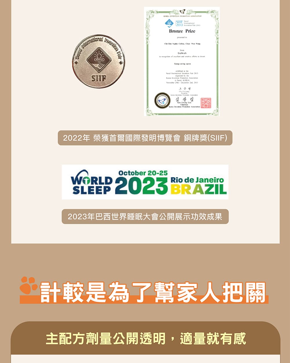 2022年 榮獲首爾國際發明博覽會 銅牌獎SIIF 2023年巴西世界睡眠大會公開展示功效成果 計較是為了幫家人把關 主配方劑量公開透明,適量就有感 