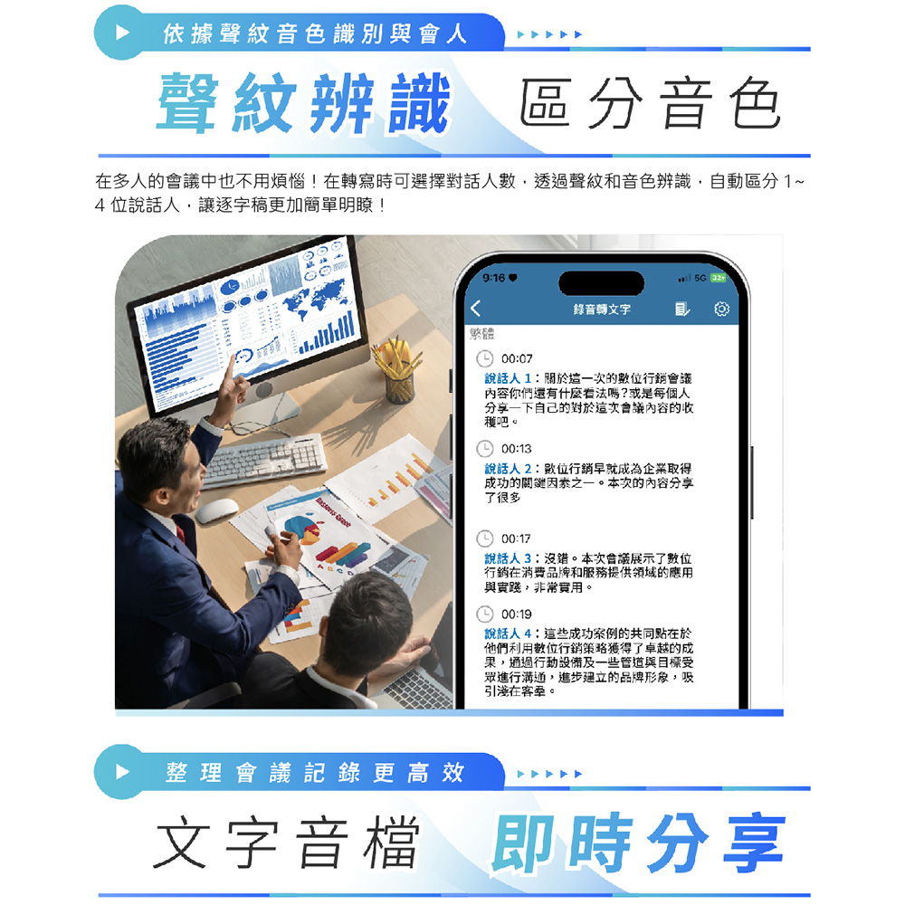 在多人的會議中也不用煩惱在轉寫時可選擇對話人數,透過聲紋和音色辨識,自動區分1