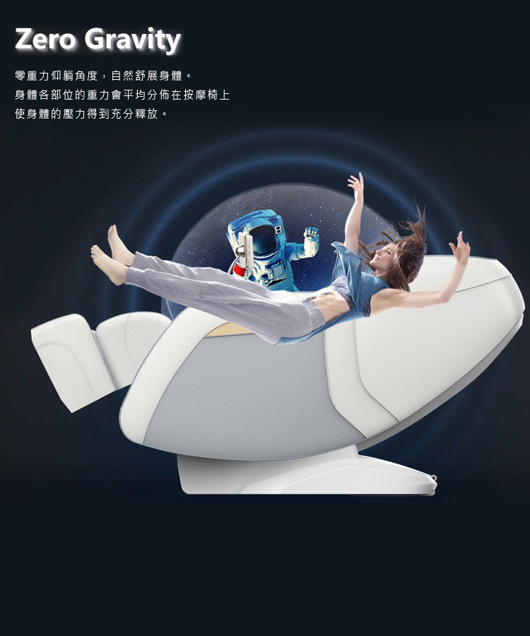 零重力仰躺角度,自然舒展身體。 身體各部位的重力會平均分佈在按摩椅上 使身體的壓力得到充分釋放。 
