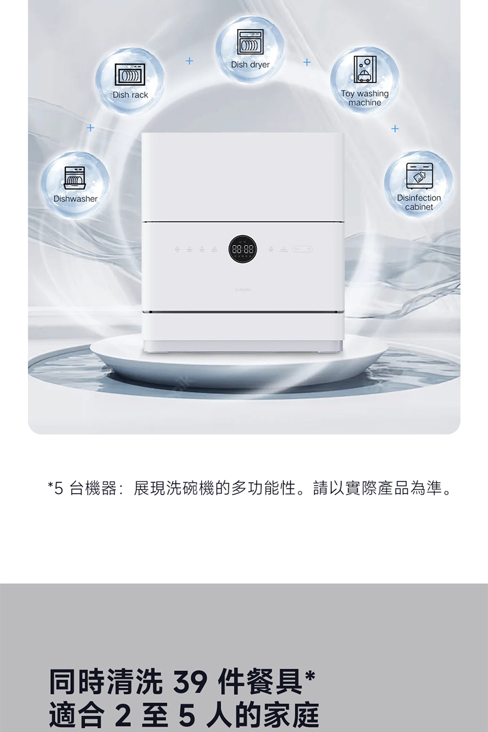 8888 蛋 5 台機器展現洗碗機的多功能性。請以實際產品為準。 同時清洗 39件餐具 適合2至5人的家庭