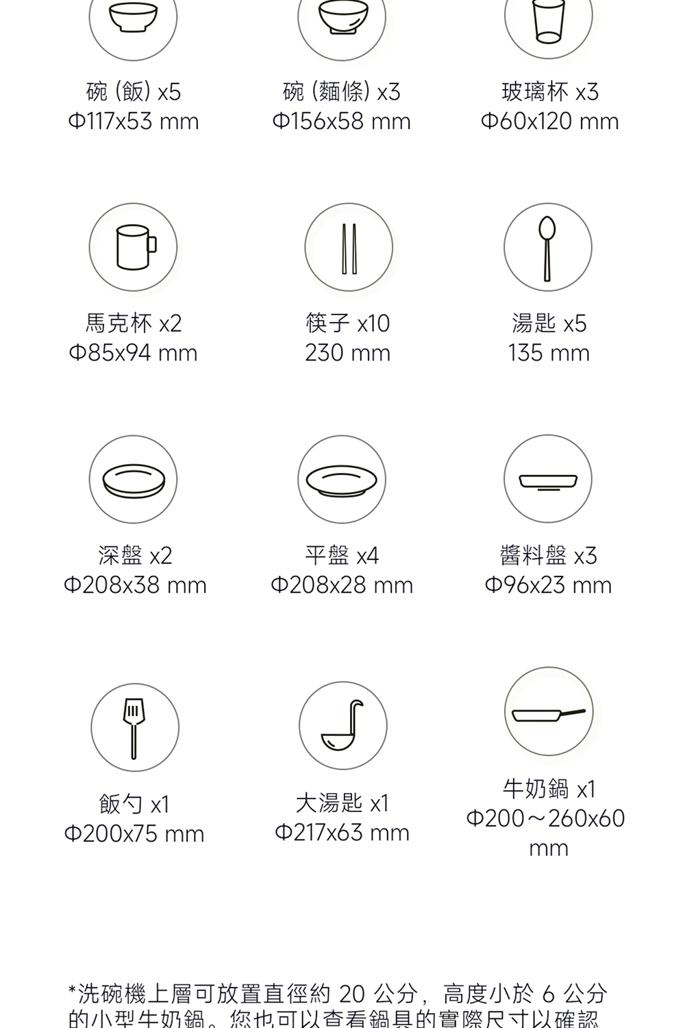 洗碗機上層可放置直徑約 20 公分,高度小於 6 公分