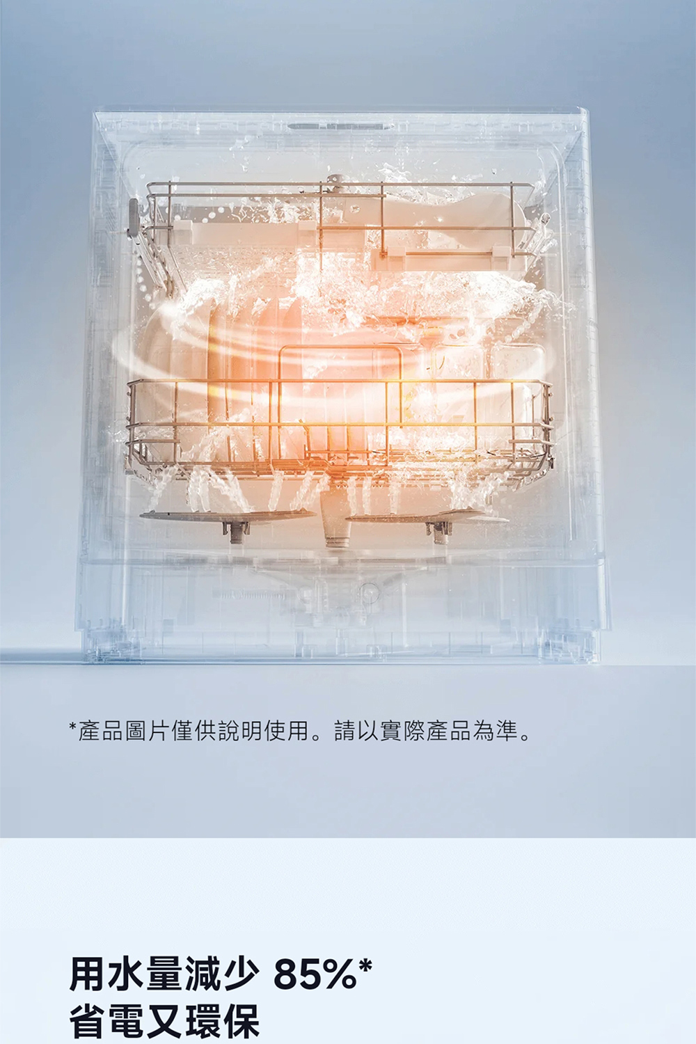 產品圖片僅供說明使用。請以實際產品為準。 用水量減少 85% 省電又環保