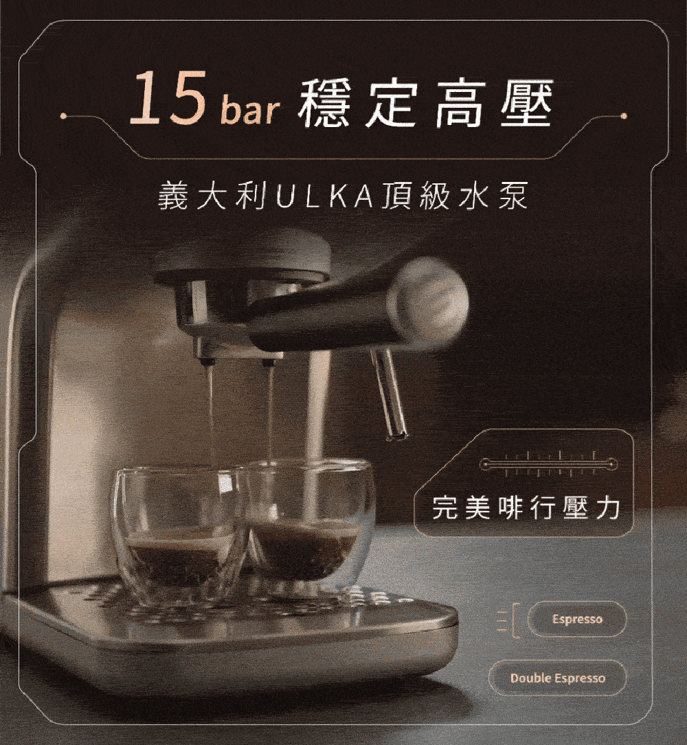 15 bar 穩定高壓 義大利ULKA頂級水泉 完美啡行壓力 