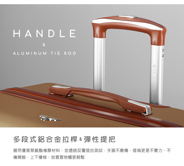 多段式鋁合金拉桿彈性提把 選用優質聚氨酯橡膠材料,並通過反覆提拉測試,手握不磨傷,提箱更是不費力、不 傷臂腕,上下樓梯、放置置物櫃更輕鬆 
