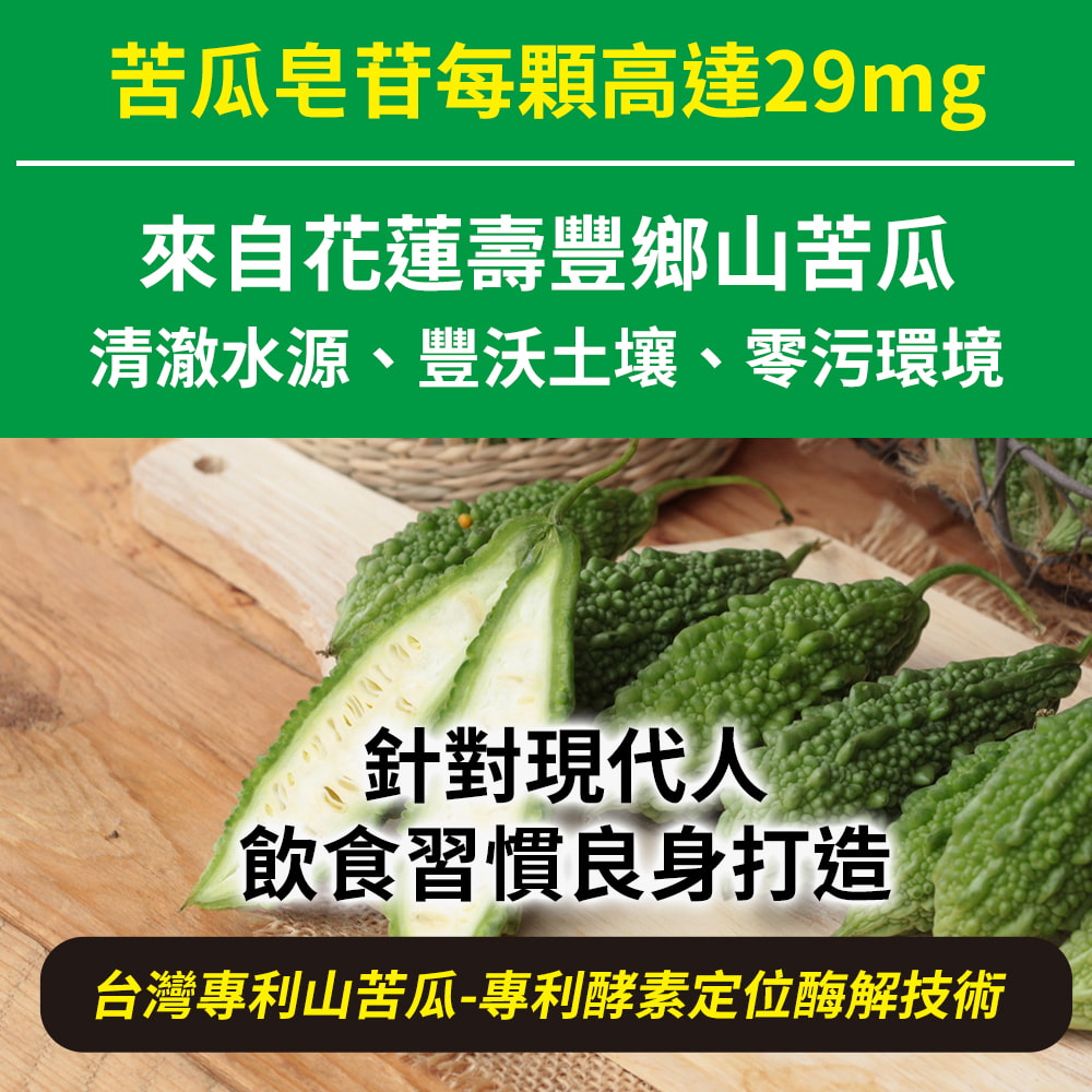 苦瓜皂苷每顆高達29mg來自花蓮壽豐鄉山苦瓜清澈水源、豐沃土壤、零污環境針對現代人飲食習慣良身打造台灣專利山苦瓜-專利酵素定位酶解技術