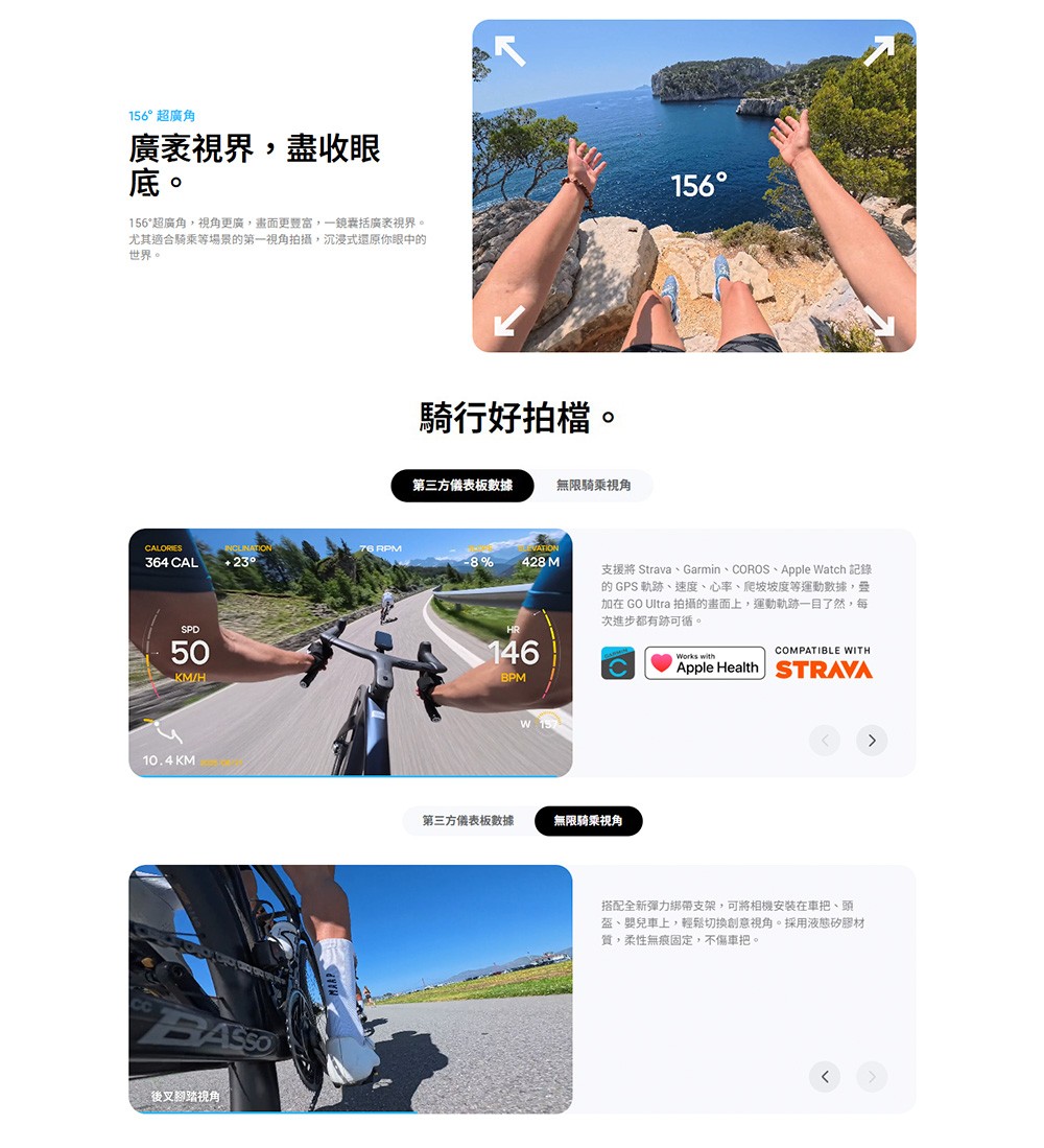 156超廣角廣視界盡收眼底。156156°超廣角,更廣,畫面更,一囊括廣袤視界。尤其適合騎乘等場景第一視角拍攝,沉浸式還原你眼中的世界。騎行好拍檔。第三方儀表板數據無限騎乘視角CALORIESINCLINATION76 RPM364 CAL23°-8%428 MSPD50KM/H10.4KM後叉腳踏視角HR146BPM 支援將 Strava、Garmin、COROS、Apple Watch 記錄的 GPS軌跡、速度、心率、爬坡坡度等運動數據,加在 GO Ultra 拍攝的畫面上,運動軌跡一目了然,每次進步都有跡可循。第三方儀表板數據無限骑乘視角Works withCOMPATIBLE WITHApple Health STRAVA搭配全新彈力綁帶支架,可將相機安裝在車把、頭盔、嬰兒車上,輕鬆切換創意視角。採用液態矽膠材質,柔性無痕固定,不傷車把。
