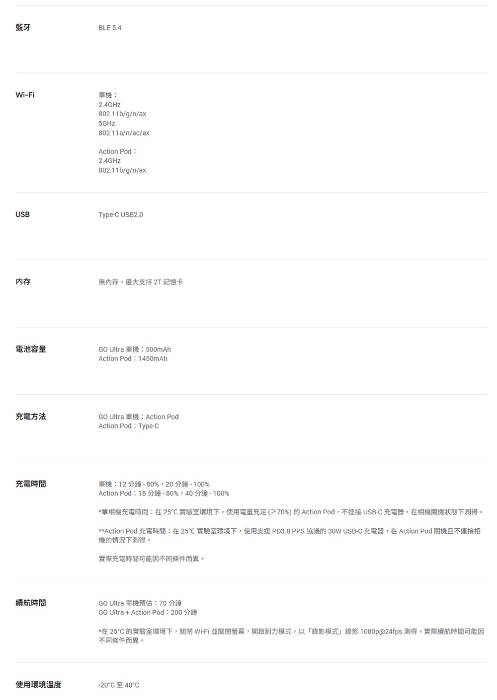 藍牙BLE 5.4Wi-Fi單機2.4GHz802.11b/g/n/ax5GHz802.11a/n/ac/axAction Pod:2.4GHz802.11b/g/n/axUSBType-C USB2.0内存無內存,最大支持 2T 記憶卡電池容量充電方法GO Ultra 單機:500mAhAction Pod:1450mAhGO Ultra 單機:Action PodAction Pod:Type-C充電時間單機:12分鐘-80%,20分鐘-100%續航時間Action Pod:18分鐘-80%,40分鐘-100%*單相機充電時間在 25 實驗室環境下,使用電量充足 (≥70%)的Action Pod,不連接USB-C 充電器,在相機關機狀態下測得。**Action Pod 充電時間:在25℃實驗室環境下,使用支援 PD3.0 PPS 協議的 30W USB-C 充電器,在Action Pod 關機且不連接相機的情況下測得。實際充電時間可能因不同條件而異。GO Ultra 單機預估:70分鐘GO Ultra + Action Pod:200分鐘*在 25°C 的實驗室環境下,關閉 Wi-Fi 並關閉螢幕,開啟耐力模式,以錄影模式錄影1080p@24fps 測得。實際續航時間可能因不同條件而異。使用環境溫度-20°C至40℃