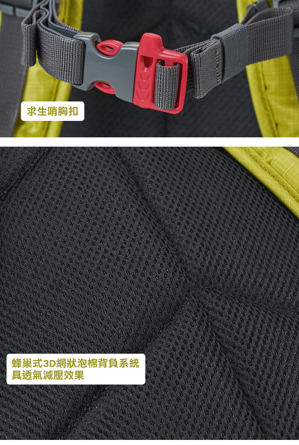 求生哨胸扣蜂巢式3D網狀泡棉背負系統具透氣減壓效果