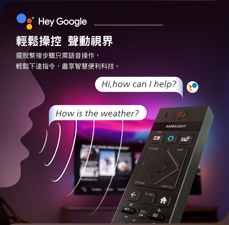 Hey Google輕鬆操控 聲動視界擺脫繁複步驟只需語音操作,輕鬆下達指令,盡享智慧便利科技。Hi,how can I help?How is the weather?PAIRAMBILIGHTTV GUIDEINFOOPTIONSTV/EXITSUBTITLE+123