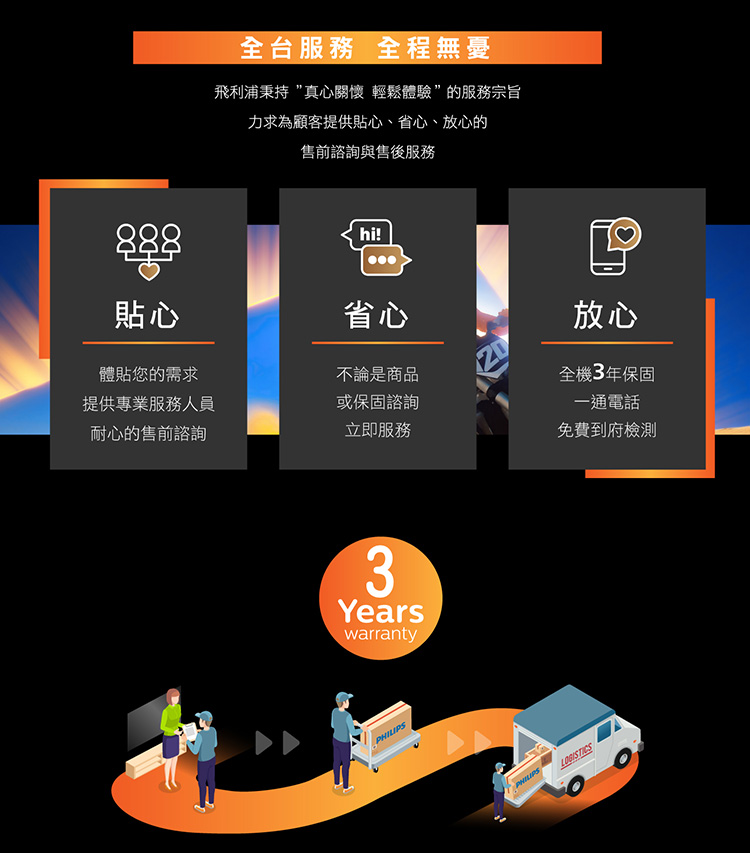 全台服務 全程無憂飛利浦秉持真心關懷 輕鬆體驗的服務宗旨力求為顧客提供貼心、省心、放心的售前諮詢與售後服務 hi!貼心省心放心體貼您的需求不論是商品全機3年保固提供專業服務人員耐心的售前諮詢或保固諮詢一通電話立即服務免費到府檢測3YearswarrantyPHILIPS