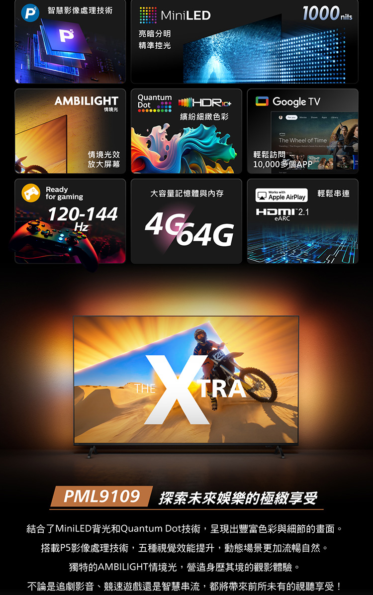 智慧影像處理技術PMiniLED1000nits亮暗分明精準控光AMBILIGHTQuantumDot情境光繽紛細緻色彩Readyfor gamingGoogle TV情境光效放大屏幕The Wheel of Time輕鬆訪問10,000多個APP大容量記憶體與內存Works with輕鬆串連120-144HzTHETRAApple AirPlayHDMI 2.1eARCPML9109探索未來娛樂的極緻享受結合了Mini LED背光和Quantum Dot技術,呈現出豐富色彩與細節的畫面。搭載P5影像處理技術,五種視覺效能提升,動態場景更加流暢自然。獨特的AMBILIGHT情境光,營造身歷其境的觀影體驗。不論是追劇影音、競速遊戲還是智慧串流,都將帶來前所未有的視聽享受!