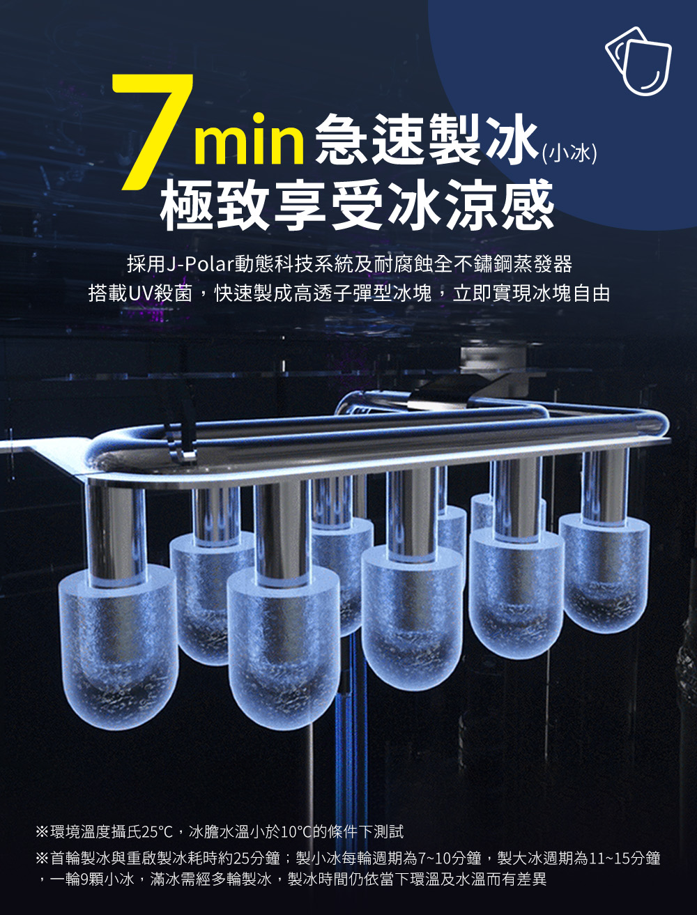 7min急速製冰(小冰)極致享受冰涼感採用J-Polar動態科技系統及耐腐蝕全不鏽鋼蒸發器搭載UV殺菌快速製成高透子彈型冰塊,立即實現冰塊自由環境溫度攝氏25℃,冰膽水溫小於10℃的條件下測試※首輪製冰與重啟製冰耗時約25分鐘製小冰每輪週期為7~10分鐘,製大冰週期為11~15分鐘,一輪9顆小冰,滿冰需經多輪製冰,製冰時間仍依當下環溫及水溫而有差異