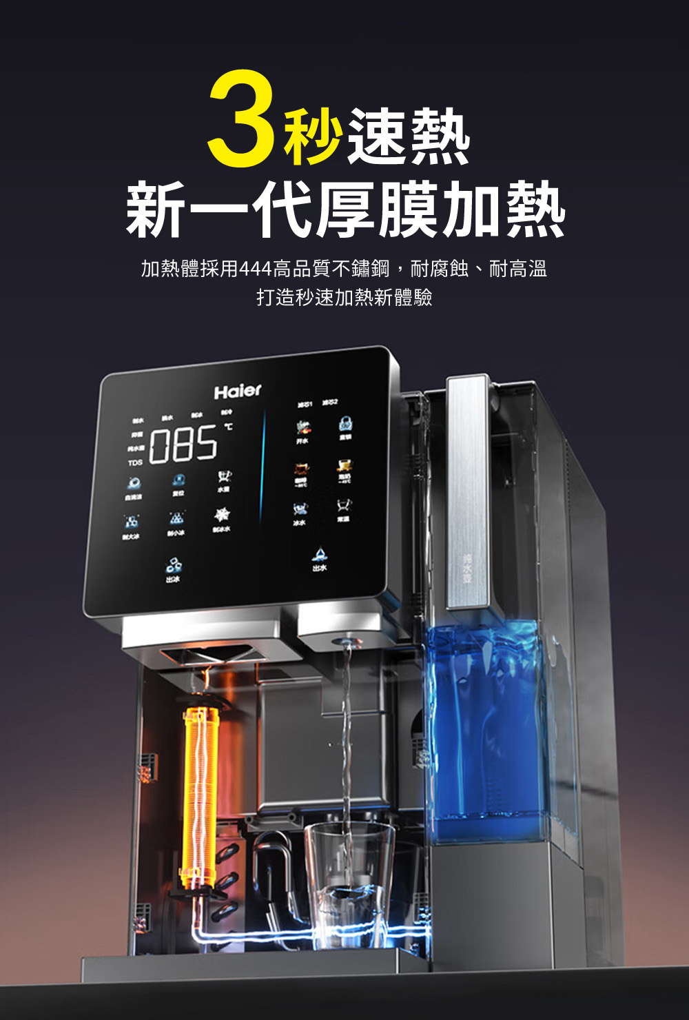 3秒速熱新一代厚膜加熱加熱體採用444高品質不鏽鋼,耐腐蝕、耐高溫打造秒速加熱新體驗Haier大冰水國出水
