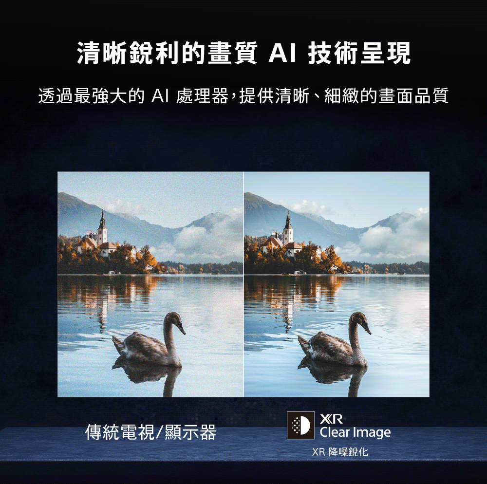 清晰銳利的畫質 AI 技術呈現 透過最強大的AI處理器,提供清晰、細緻的畫面品質 傳統電視顯示器 XR 降噪銳化 