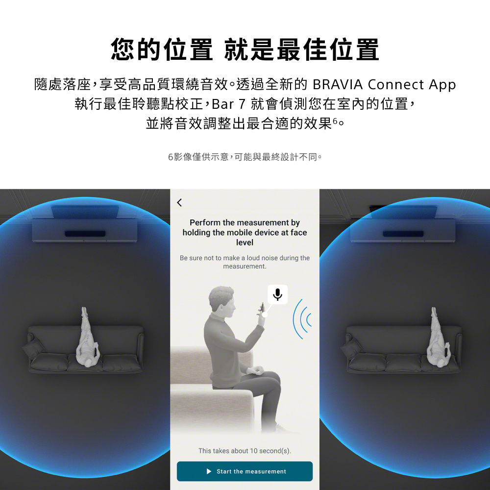 您的位置 就是最佳位置隨處落座,享受高品質環繞音效透過全新的 BRAVIA Connect App執行最佳聆聽點校正,Bar7就會偵測您在室內的位置,並將音效調整出最合適的效果。6影像僅供示意,可能與最終設計不同。Perform the measurement byholding the mobile device at facelevelBe sure not to make a loud noise during themeasurement.This takes about 10 second(s).Start the measurement