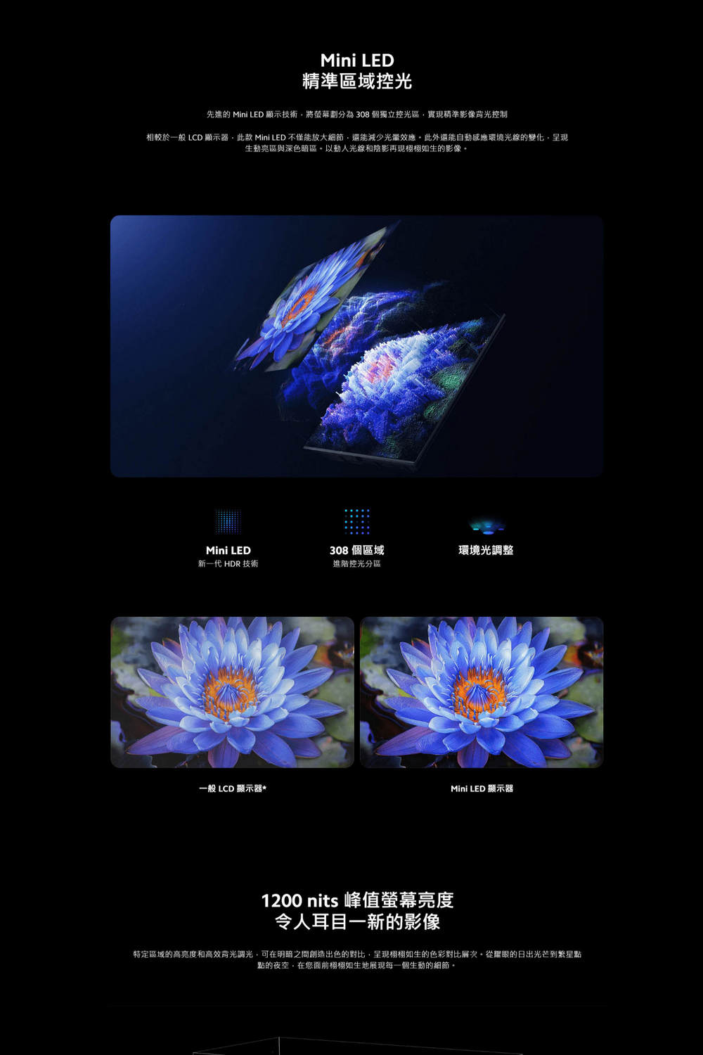 Mini LED精準區域控光先進的 Mini LED 顯示技術將劃分為308個獨立控光區實現精準影像背光控制相較於一般 LCD 顯示器 Mini LED 不僅能放大細節還能減少效應此外還能自動感應環境光線的變化呈現生動亮區與深色區以光線和陰影再現的影像Mini LED308個區域環境光調整新一代 HDR 技術進階控光分區一般LCD顯示器*Mini LED 顯示器1200 nits 峰值螢幕亮度令人耳目一新的影像特定區域的高亮度和高效背光調光可在明暗之間創造出色的對比,呈現栩栩如生的色彩對比層次。從耀眼的日出光芒到繁星點點的夜空,在面前栩栩如生地展現每一個生動的細節。