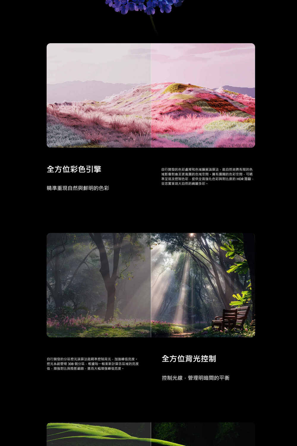 全方位彩色引擎準重現自然與鮮明的色彩自行開發的色彩處理色域擴展演算法自然地將有限的色域影像對應至更的色域空間擁有的色彩空間可精準呈現及控制色彩提供全面強化色彩與對比度的 HDR 體驗並忠實重現大自然的絢麗多彩自行開發的控光演算法能精準控制背光加強。控光系統管理 308個分區根據每一重新計算各區域的亮度值增強對比與陰影細節,進而大幅增強峰值亮度,全方位背光控制控制光線,管理明暗間的平衡