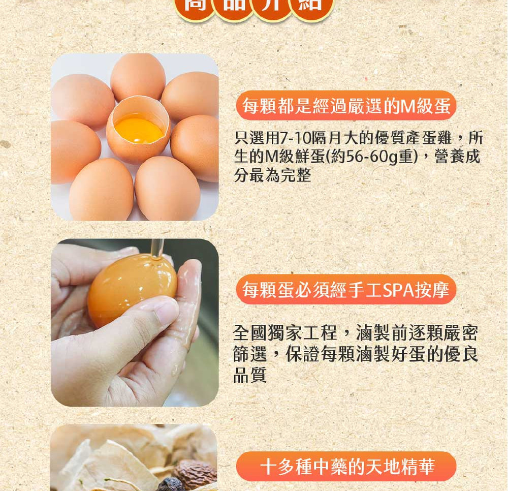 每都是經過嚴選的M級蛋只選用7-10隔月大的優質產蛋雞,所生的M級鮮蛋(約56-60g重),營養成分最為完整每蛋必須經手工SPA按摩全國獨家工程,滷製前逐顆嚴密篩選,保證每顆滷製好蛋的優良品質十多種中藥的天地精華