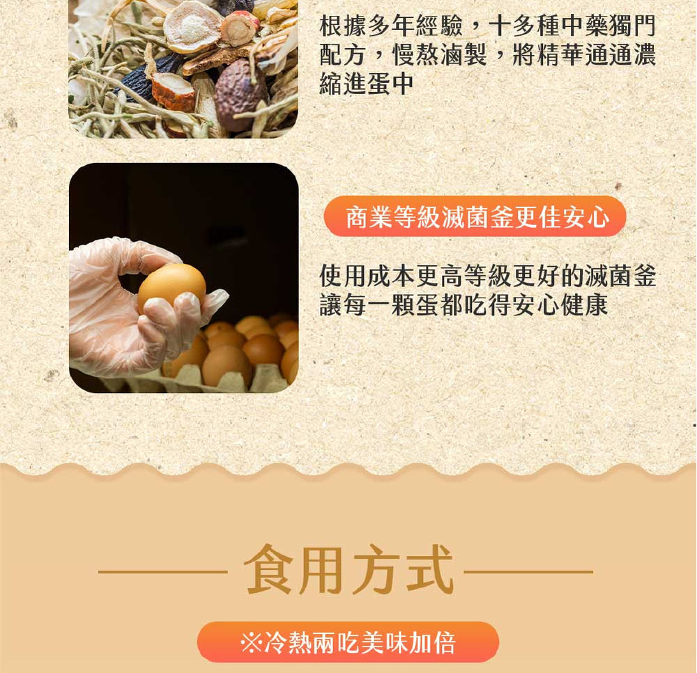 根據多年經驗,十多種中藥獨門配方,慢熬滷製,將精華通通濃縮進蛋中商業等級滅菌釜更佳安心使用成本更高等級更好的滅菌釜讓每一顆蛋都吃得安心健康食用方式※冷熱兩吃美味加倍