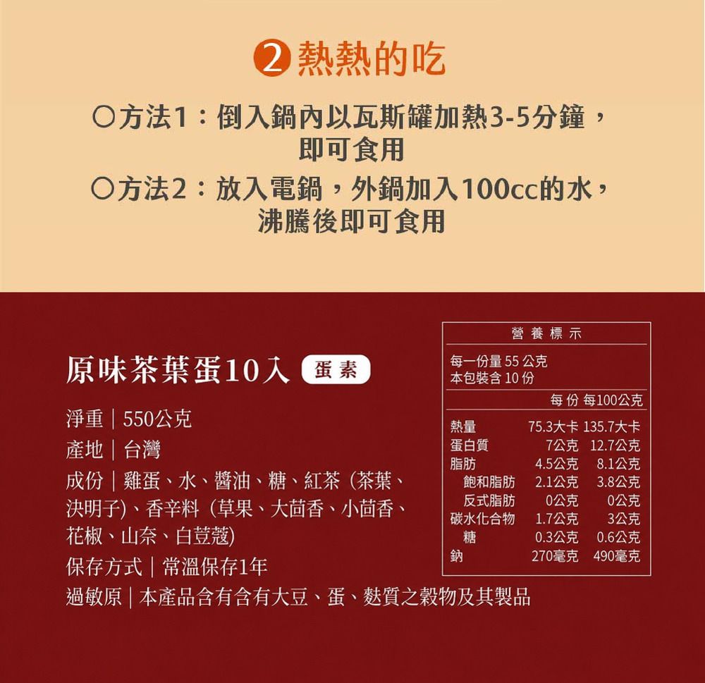 熱熱的吃○方法1:倒入鍋內以瓦斯罐加熱3-5分鐘,即可食用○方法2:放入電鍋,外鍋加入0cc的水,沸騰後即可食用營養標示原味茶葉蛋10蛋素每一量55公克本包裝含 10 份每份 每100公克淨重  550公克產地台灣熱量75.3大卡 135.7大卡蛋白質7公克 12.7公克脂肪4.5公克8.1公克成份|雞蛋、水、醬油、糖、紅茶(茶葉、飽和脂肪2.1公克3.8公克決明子)、香辛料(草果、大茴香、小茴香、花椒、山奈、白荳蔻)反式脂肪0公克0公克碳水化合物1.7公克3公克糖0.3公克0.6公克鈉270毫克490毫克保存方式|常溫保存1年過敏原 | 本產品含有含有大豆、蛋、麩質之穀物及其製品