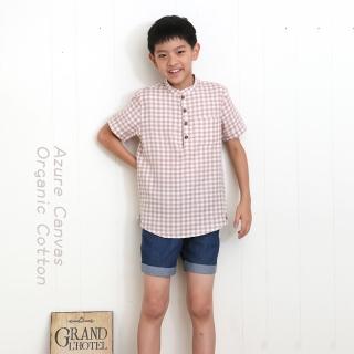 【azure canvas藍天畫布】100%有機棉/ 男童柔紗格子襯衫110-140cm(褐色)