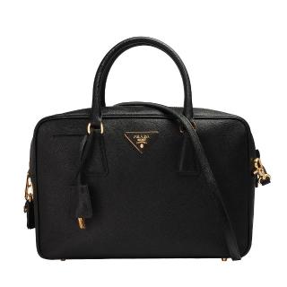 【PRADA】Saffiano Lux經典三角浮雕LOGO牛皮拉鍊兩用鎖頭包(小-黑BL0095-NERO)
