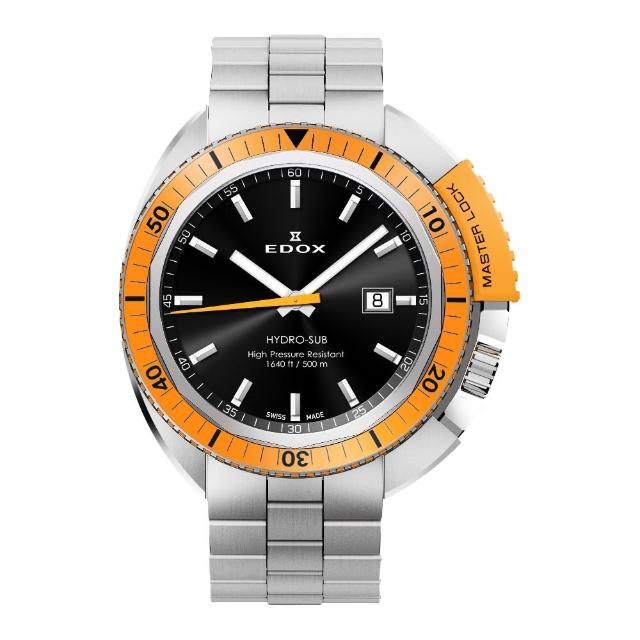 【EDOX】Hydro Sub 北極潛水500米石英腕錶-黑x橘框(E53200.3OM.NIN)