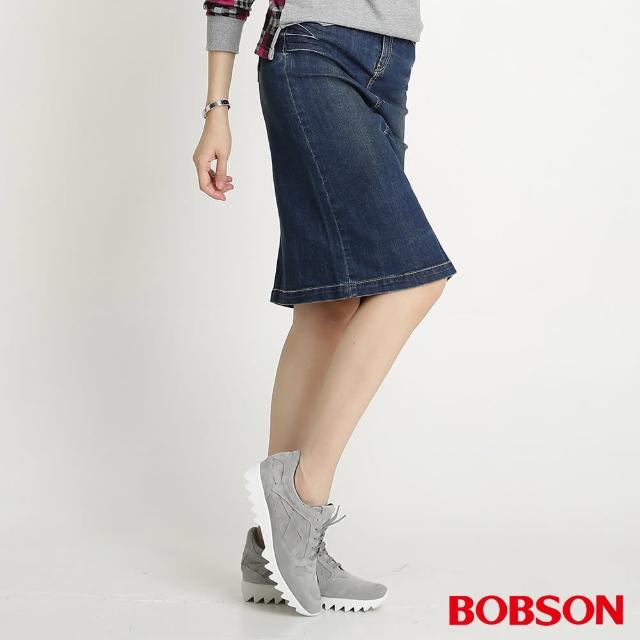 【BOBSON】女款牛仔中長裙(藍D098-53)