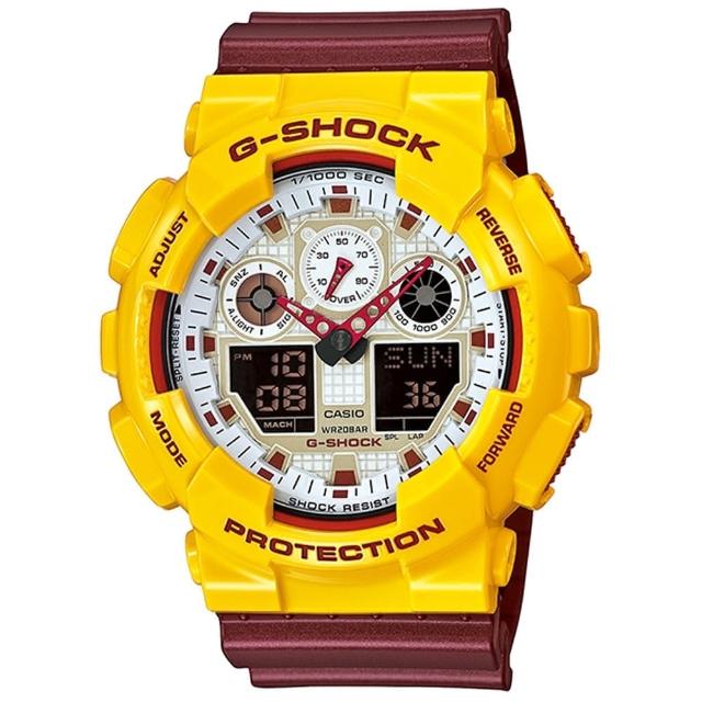 【CASIO】卡西歐G-SHOCK 雙顯鬧鈴電子錶-紅黃(GA-100CS-9A)試用文